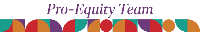 Pro-Equity Team. A weave of orange, red, purple, and teal colors sit below the text.