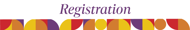 Registration. A weave of red, orange, purple, & yellow colors sits below the text.