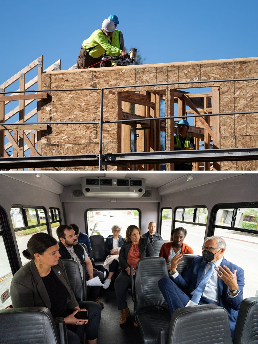A house undergoes construction, and a group of people converse aboard a bus.