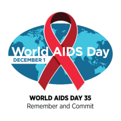 World Aids Day 35th Logo with globe and red ribbon.