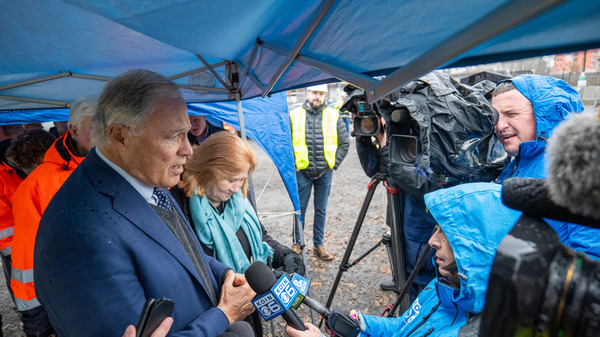 Gov. Jay Inslee responds Wednesday to media questions about the I-5 Interstate Bridge and its proposed replacement.