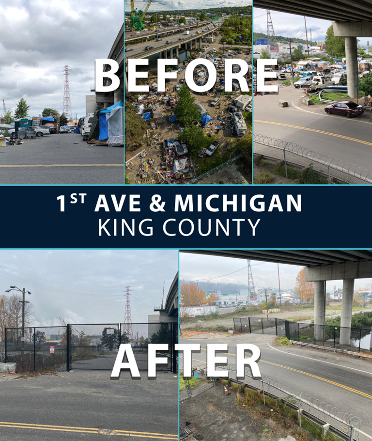A before-and-after image shows the effect of state intervention at a Seattle encampment