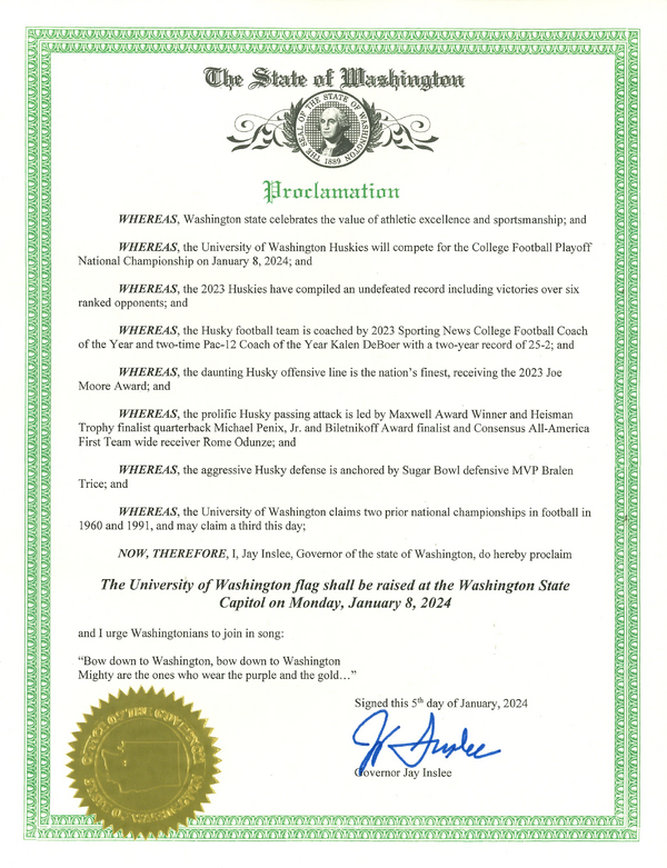 Gov. Jay Inslee issued a proclamation supporting the Huskies Friday.