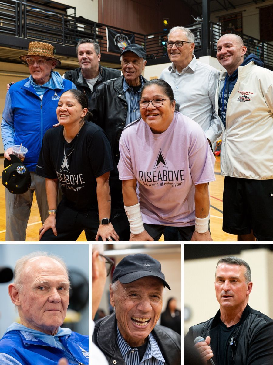 NBA icons George Karl, Lenny Wilkens, and Chris Herren in a group photo with Gov. Jay Inslee and Nisqually Indian Tribe members.