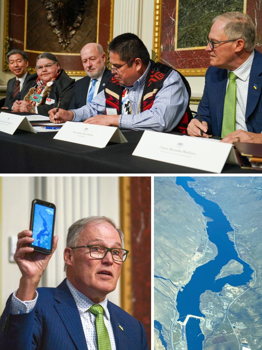 Gov. Jay Inslee watches a Tribal chairman sign an agreement, and shows a picture of the Columbia River on his phone.