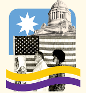 A collage of the American flag, a white star, 3 people, and wavy lines, sit in front of the capitol building.