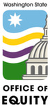 Washington State Office of Equity Logo. A star sits in a blue sky above waves of yellow, white, and purple. A building sits on a bed of green grass.