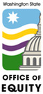 Washington State Office of Equity Logo. A star sits in a blue sky above waves of yellow, white, and purple. A building sits on a bed of green grass.