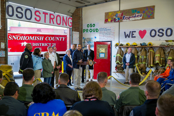 Then-President Barack Obama addresses Snohomish County first responders in 2014.