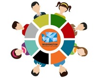 Illustration of people sitting around a circular multi-colored table with the WIN logo at the center