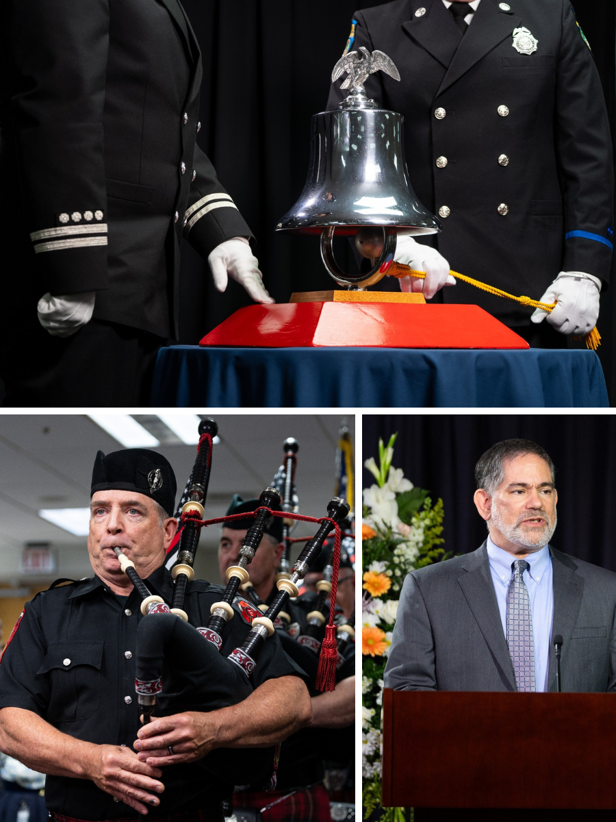 A bell is rung by uniformed officers and bagpipers play. L&I Director Joel Sacks delivers a speech from a podium.