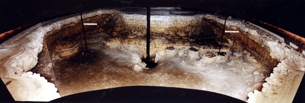 The interior of a deteriorating nuclear waste storage tank