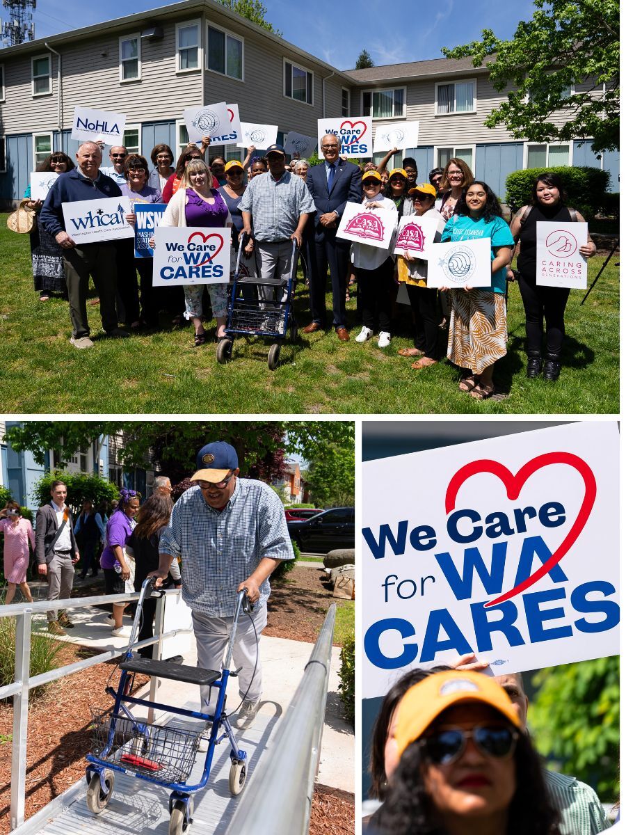 A group photo shows supporters of the WA Cares Fund with signs.