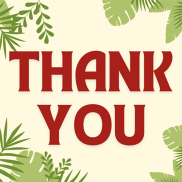 Thank You in bright red letters, surrounded by tropical leaves