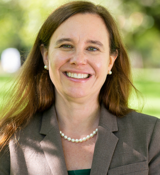 Close up shot of a person with long brown hair in a brown suit against a green background