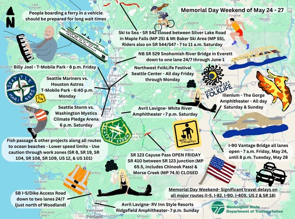 WSDOT's "MS Paint Map" depicts Memorial Day weekend traffic in cartoon style.