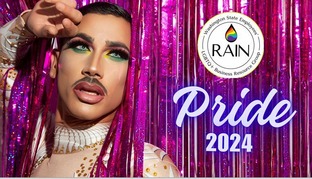 Image of a person with rainbow eyeshadow on a pink background with words RAIN Pride 2024