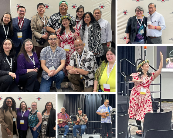 Collage of photos of Asian, Native Hawaiian and Pacific Islander adults posing together and smiling at a celebration