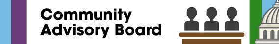 Community Advisory Board. Three figures sit next to the text, in front of a podium.