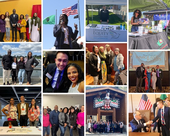 A collage of photos of Office of Equity Staff at various events in Washington state, some outside, some inside. Everyone is smiling.
