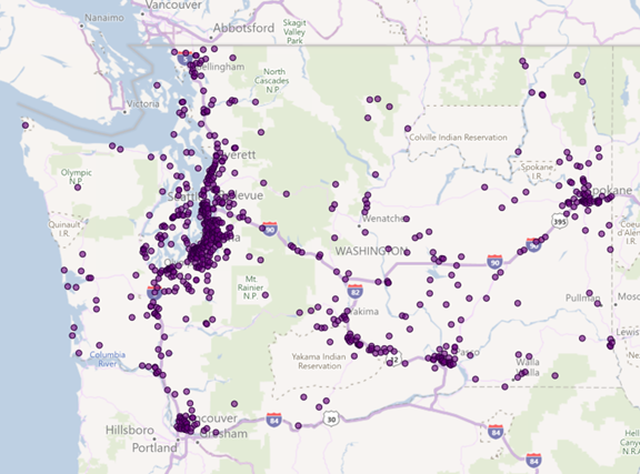 A map of fatal crashes across Washington state in 2023