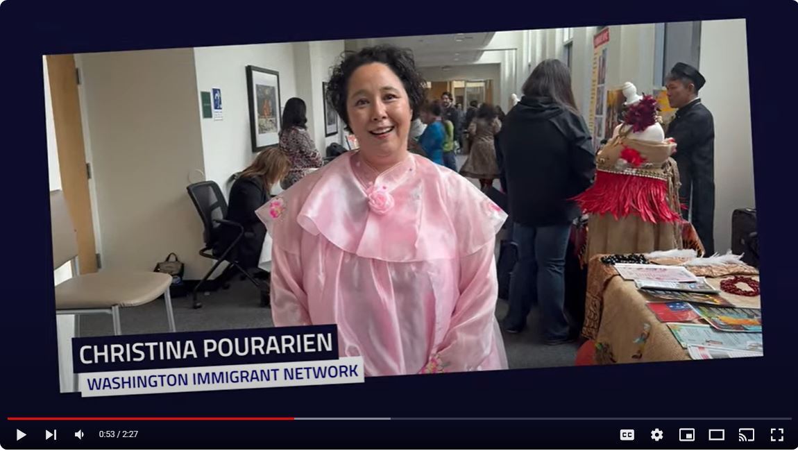 Screen grab of Christina Pourarien speaking at the Immigrant Heritage Celebration