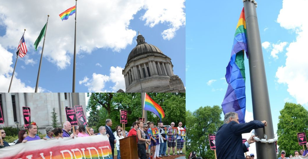Collage of photos of the Pride flag raising at the state Capitol