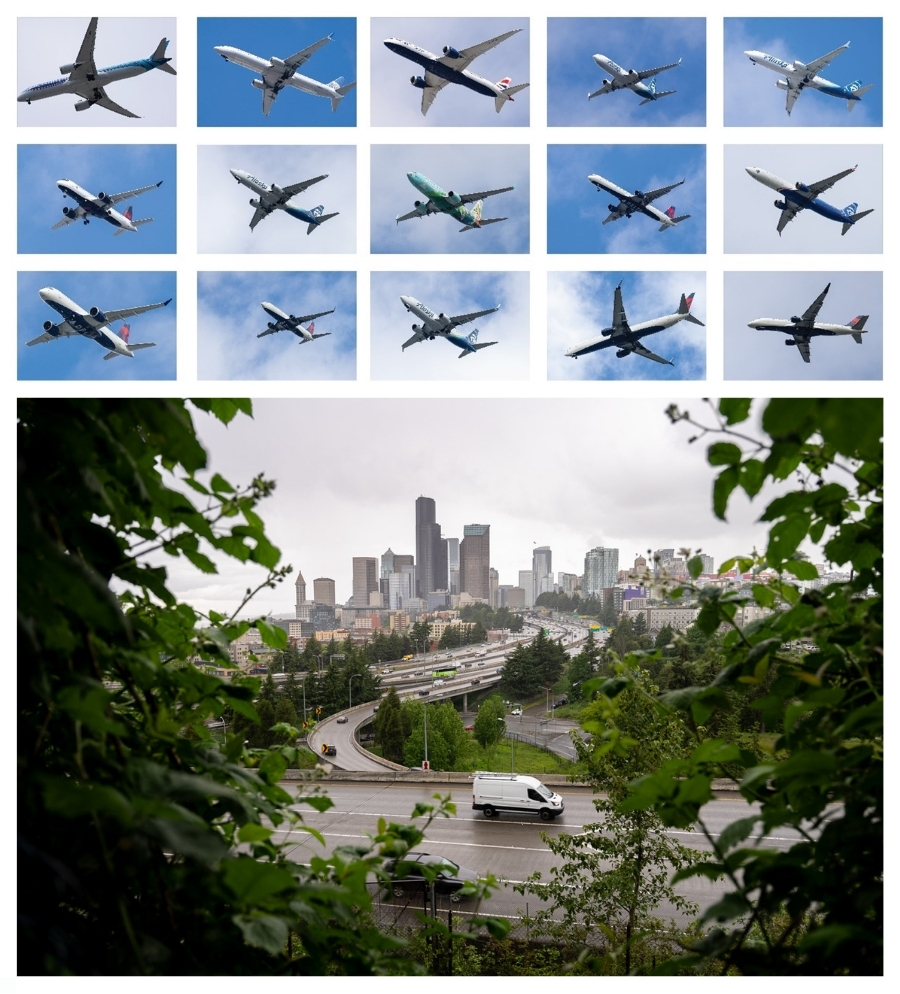A collage of airplanes and a photo of Seattle's skyline with highways in the foreground.
