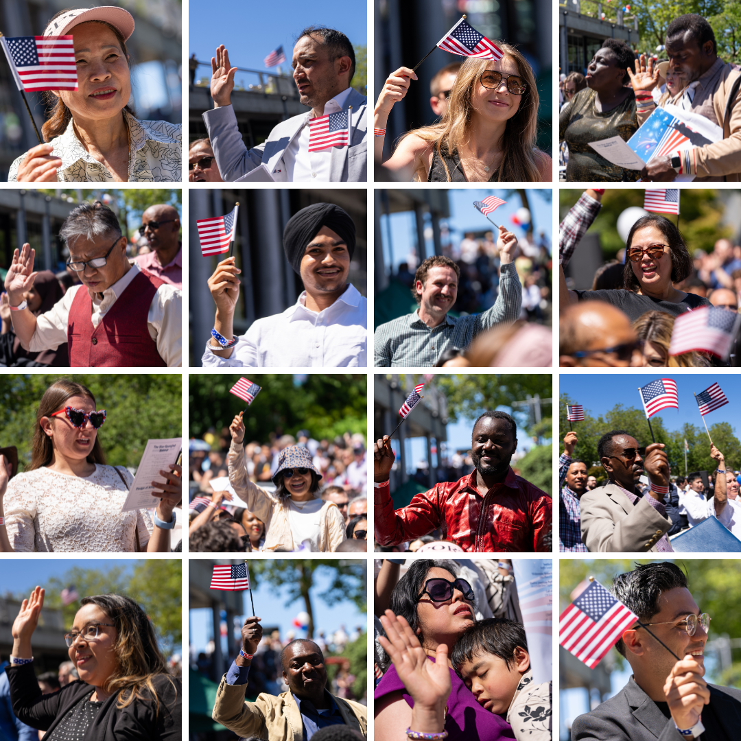 A collage of smiling candidates for citizenship at a naturalization event.