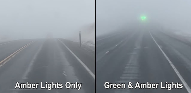 An image shows that green flashing lights are more visible in fog than amber lights