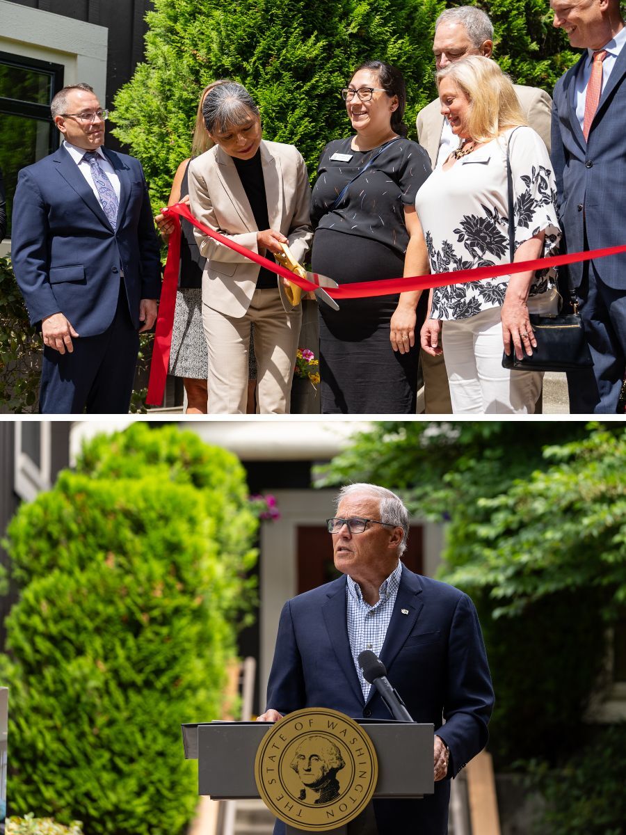 A woman cuts a celebratory ribbon as onlookers smile. Gov. Jay Inslee speaks at a podium.