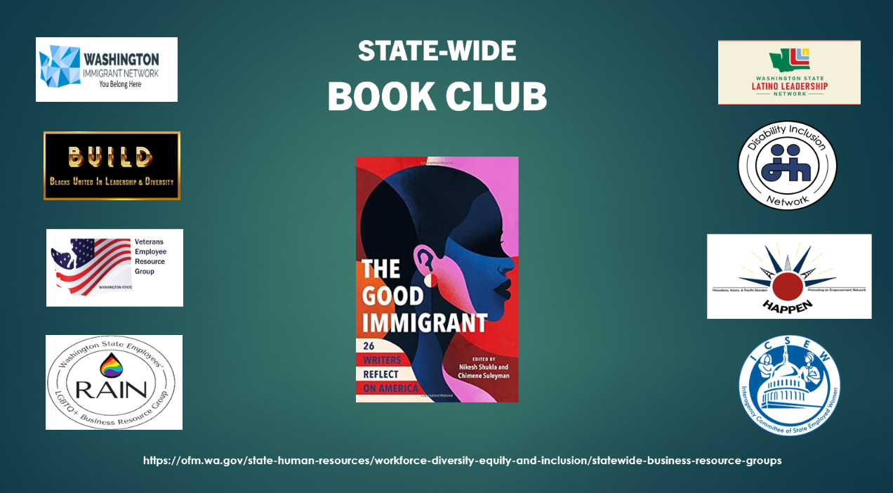 Statewide Book Club banner with BRG logos around an image of "The Good Immigrant" book cover