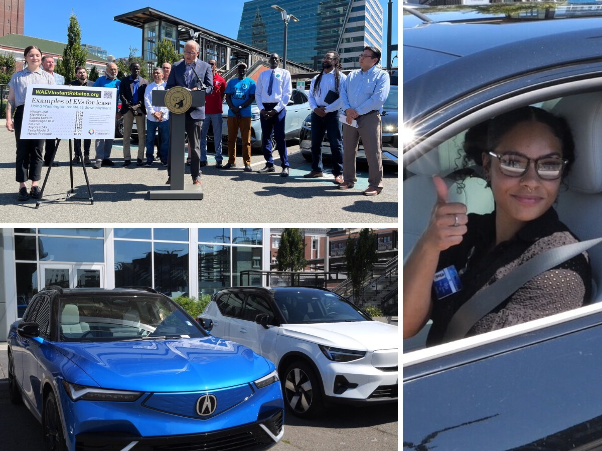 A collage showing Gov. Jay Inslee speaking at a podium, a woman smiling while driving an electric car, and two new electric car models parked.