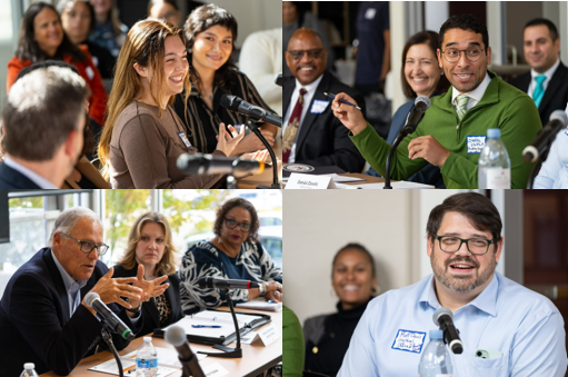 Images of smiling people seated at a table, speaking at a meeting. 