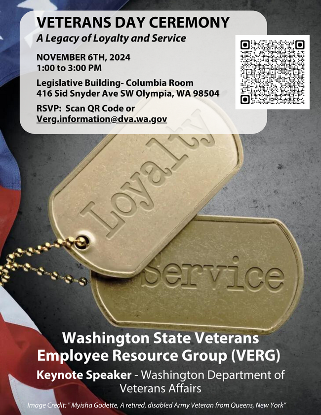 Veterans Day flyer with military dog tags imprinted with "Loyalty" and "Service"