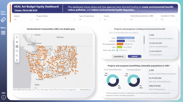 Map with dots showing where environmental justice projects are located