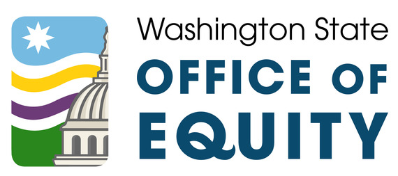 Washington State Office of Equity Logo. A star sits in a blue sky above waves of yellow, white, and purple. A building sits on a bed of green grass.