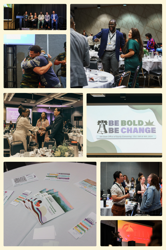 Collage of photos where smiling people are greeting each other and event tables filled with resources.