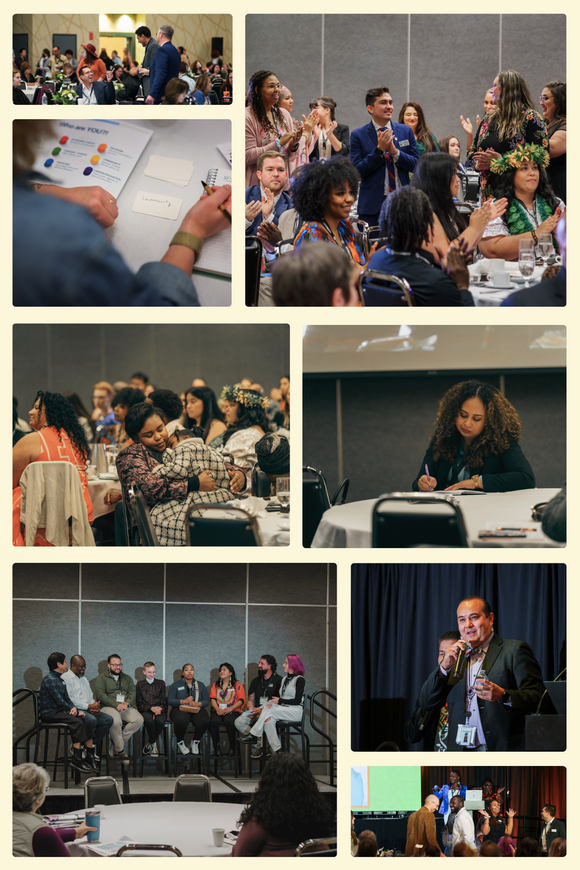 Collage #2 of people engaging in workbooks, a parent holding a child, and people presenting and engaging in an event.