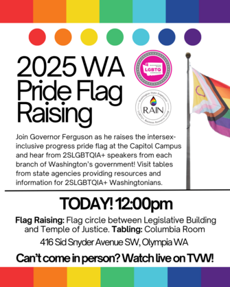 pride flag raising poster with intersex inclusive progress pride flag and RAIN and Commission logos