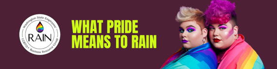 graphic with RAIN logo and two people with colorful hair and drag makeup with green text saying "what pride means to RAIN"