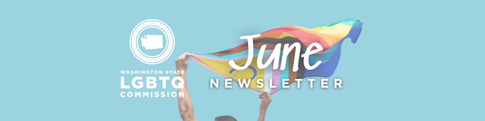 image of person waving intersex-inclusive progress pride flag with white LGBTQ Commission logo and "June Newsletter" overlaying the top of the picture