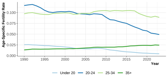 Line chart shows the age-specific fertility rates over time. 