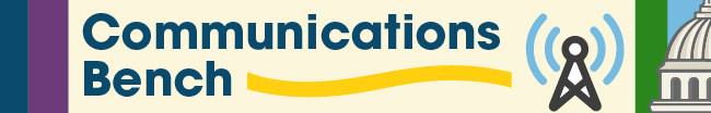 Communications Bench graphic. A radio tower sits next to the text transmitting signals.