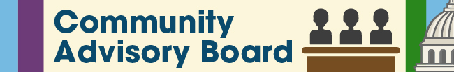 Community Advisory Board. Three figures sit next to the text, in front of a podium.