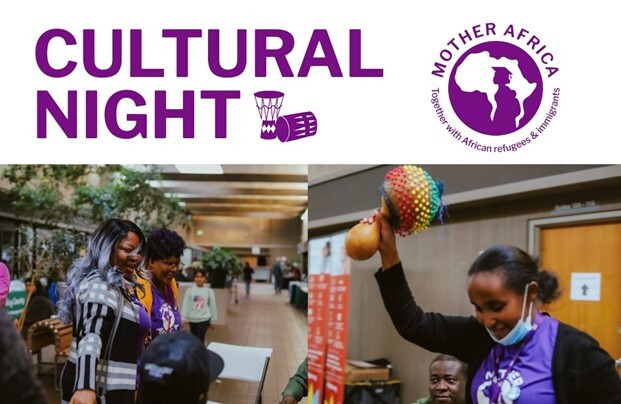 People wearing purple clothes and celebrating with traditional African instruments