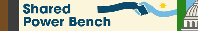 Shared Power Bench header. Two hands share a handshake next to the text, with a star floating above them.