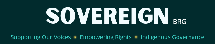 Dark background with the words SOVEREIGN Supporting Our Voices Empowering Rights Indigenous Governance