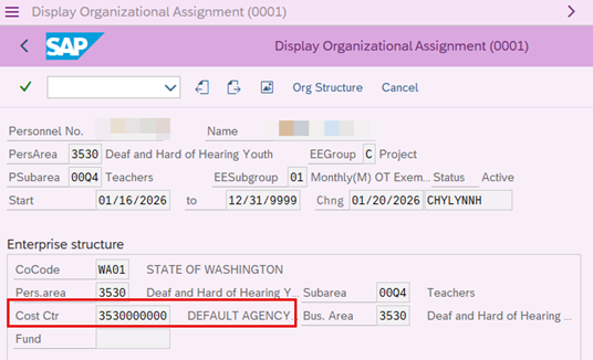 Image of display organizational assignment screen