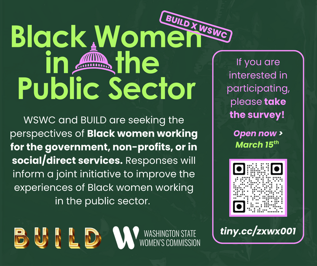 Graphic with a dark green background promoting a survey titled “Black Women in the Public Sector.”